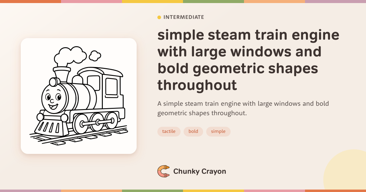 simple steam train engine with large windows and bold geometric shapes ...